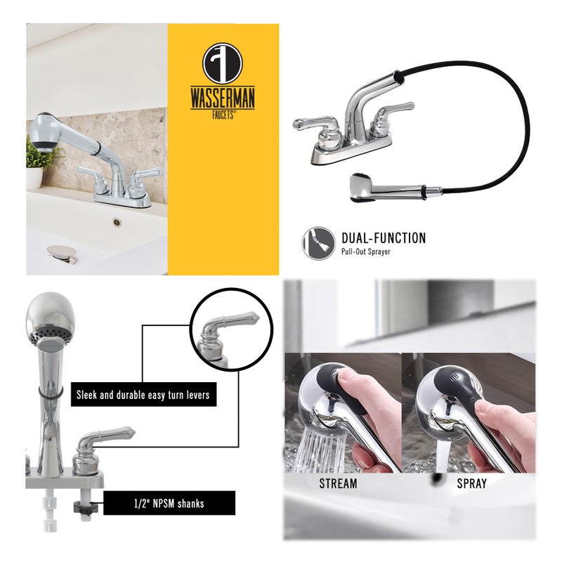 Wasserman Faucets Wasserman 2 Handle Utility/Laundry/Shop Sink Faucet with Pull Out Sprayer in Chrome, Non-Metallic ABS Plastic, 4" Centerset for Laundry Room, Garage, Mud Room, RV - Image 2